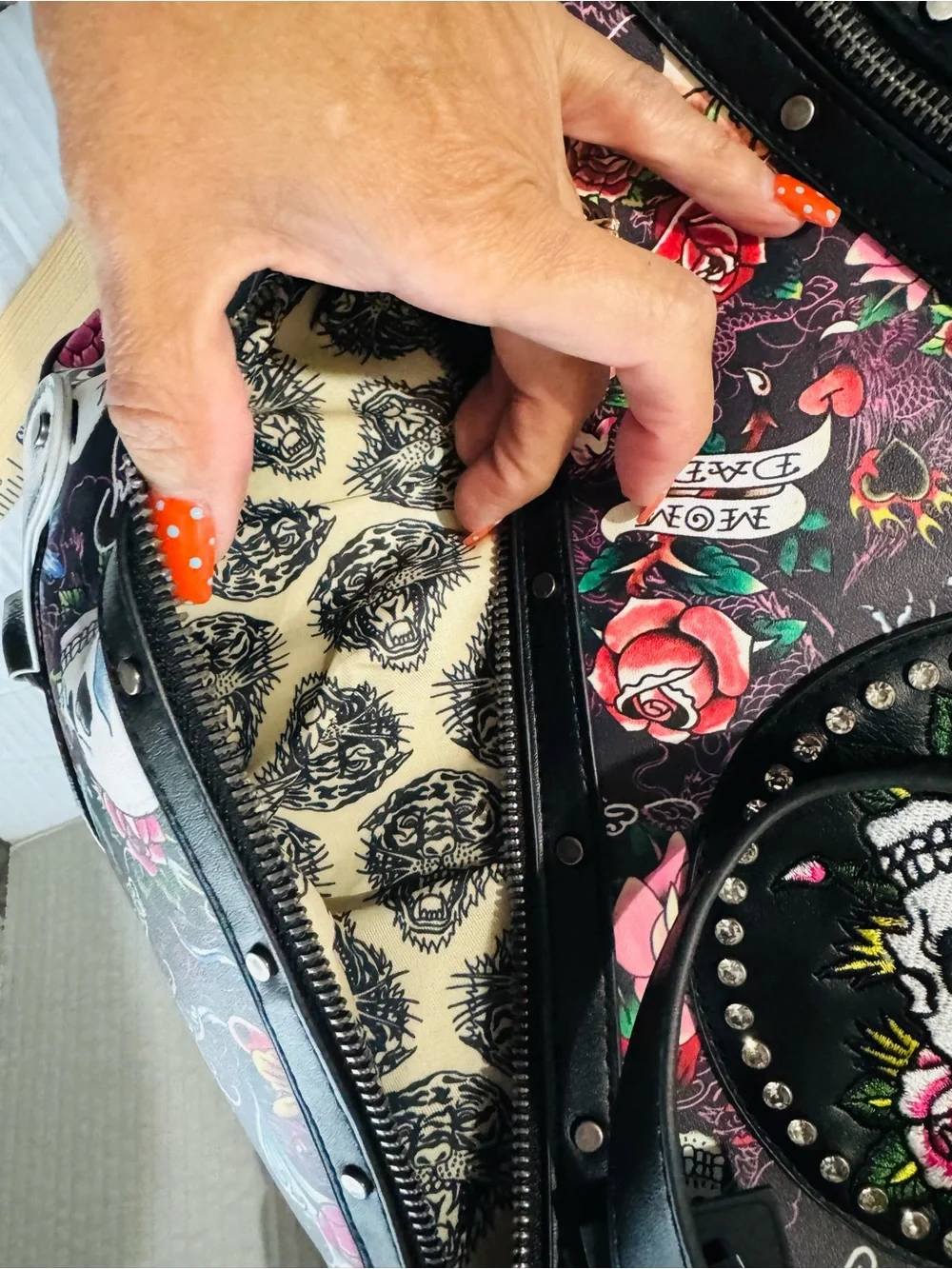 Ed Hardy embellished Black Floral Skull Tote Bag BNWT